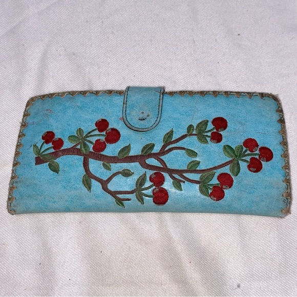 Wallet Pocketbook Embroidered Cherry Tree Turquoise Blue Imperfect Used - Picture 1 of 8